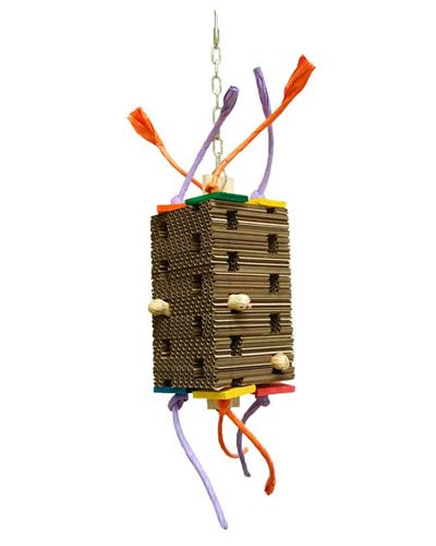 Colorful Zoo-Max Card Tower Medium bird toy with cardboard slices, wood blocks, and twisted paper rope for foraging fun.