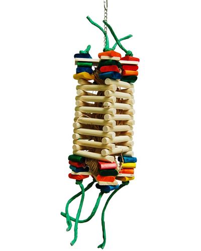 Vibrant Zoo-Max Storm Tower Small bird toy with colorful wooden slats, dowels, and raffia, perfect for medium birds to forage and play.