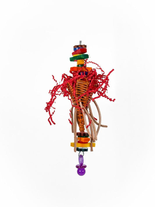 Colorful Loulou - Zoo Max bird toy with wooden pieces and vine for small parrots to chew and forage, promoting play.