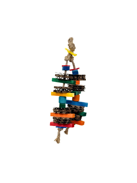 Colorful Rimini Zoo Max bird toy made of pine wood and cardboard, designed for chewing and shredding fun for small birds.