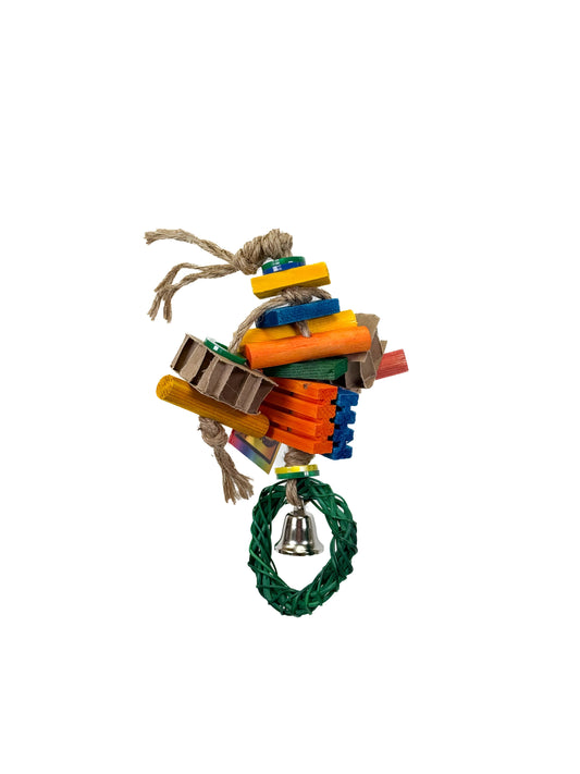 Vibrant Bella - Zoo Max bird toy with pine wood, acrylic, colorful cardboard, jute rope, and a vine wreath for shredding fun.