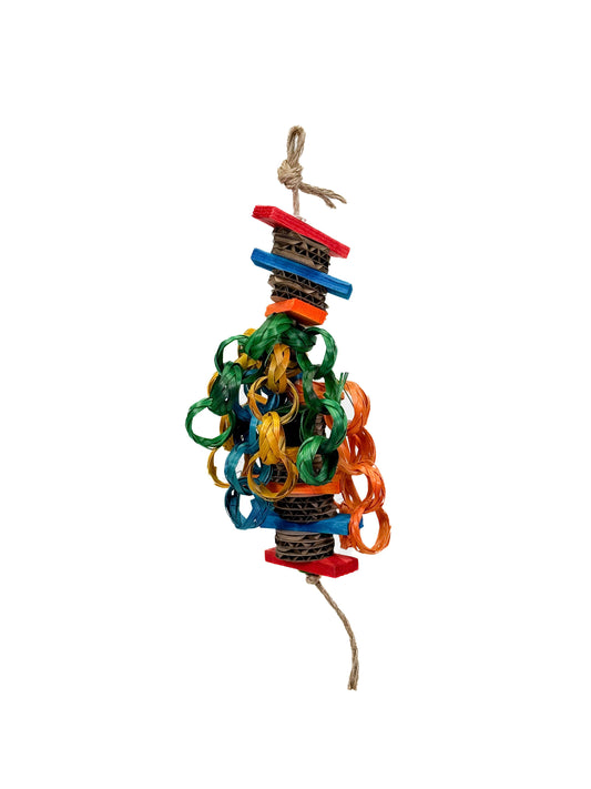 Vibrant Hippy Style Small Zoo Max bird toy with colorful pine wood, acrylic, cardboard, jute rope, and bamboo chain for shredding fun.