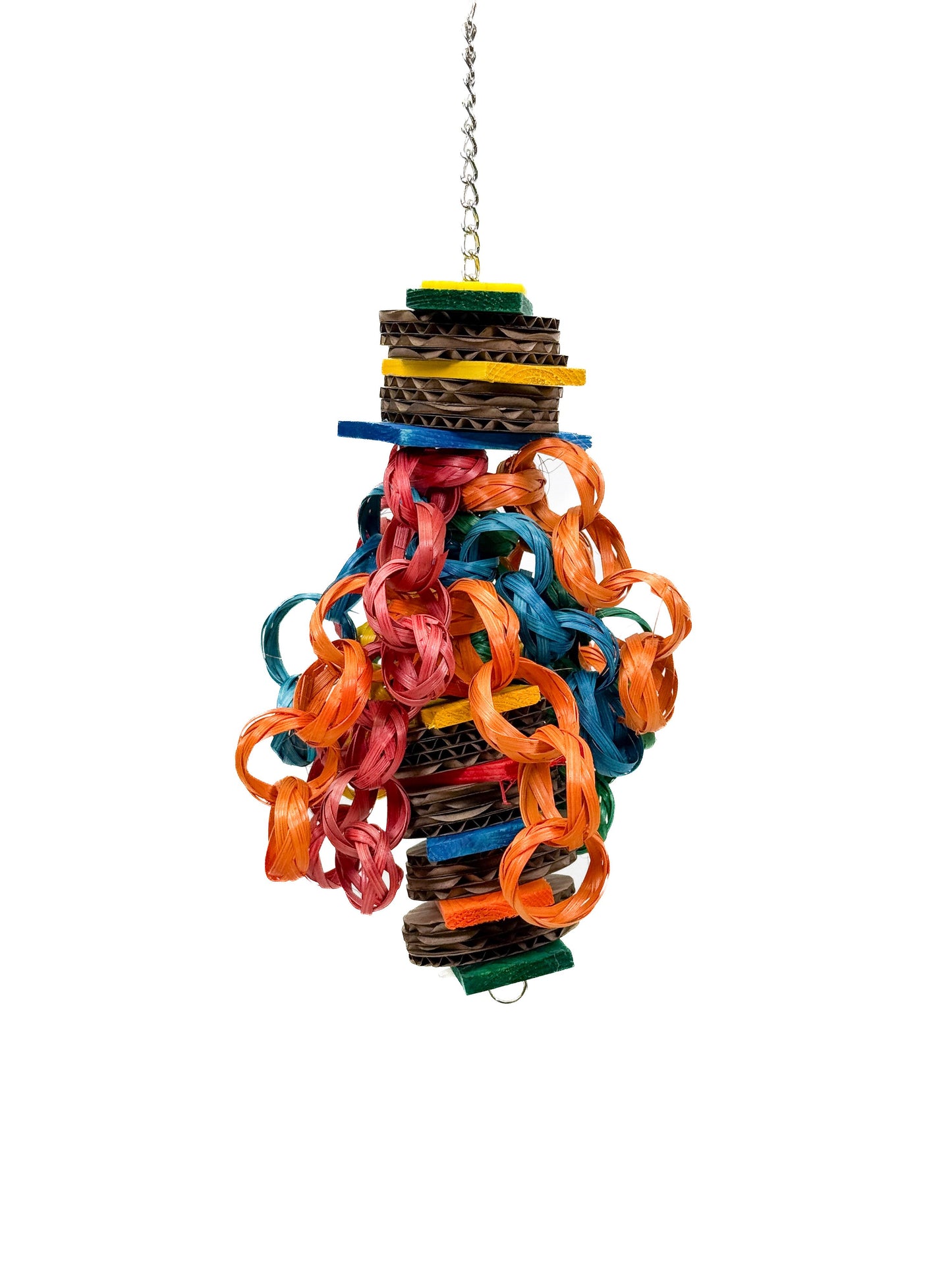 Colorful Hippy Style Medium bird toy by Zoo Max, featuring shreddable pine wood, acrylic, cardboard, and jute rope.