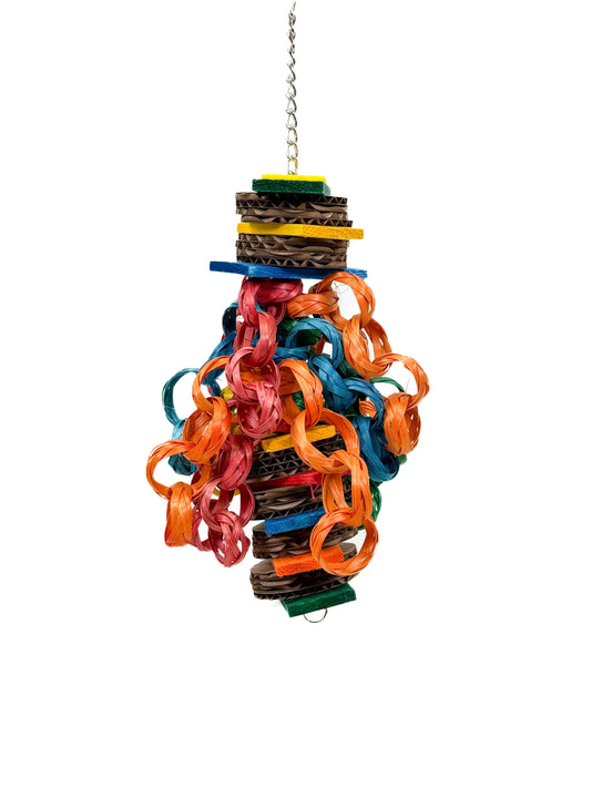 Colorful Hippy Style Medium bird toy by Zoo Max, featuring shreddable pine wood, acrylic, cardboard, and jute rope.