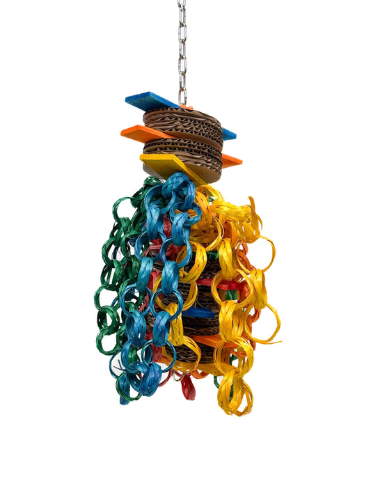 Colorful Hippy Style Large Zoo Max bird toy with wooden pieces, cardboard bits, and a bamboo chain for shredding fun.
