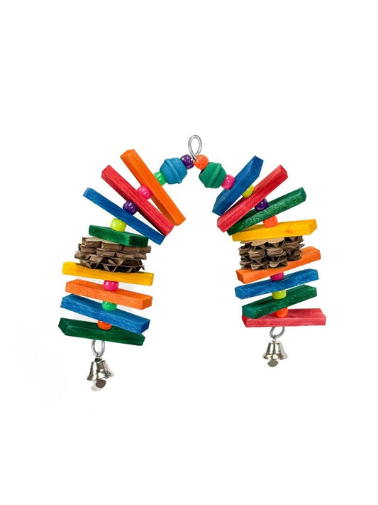 Vibrant Flip Flap - Zoo Max bird toy with colorful pine wood and cardboard pieces for perching and playful destruction.