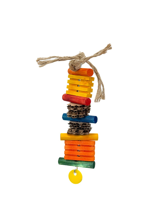 Vibrant Zoo Max bird toy with colorful wooden pieces, cardboard bits, and jute rope, perfect for shredding and foraging fun.