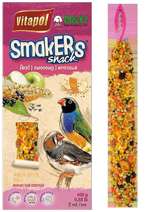 Vibrant Treat Stick Zebra Finch Fruit Twin Pack, bursting with natural, colorful fruit flavors, hanging in a birdcage.
