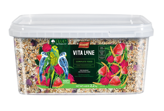 Vita Line bird food container with colorful bird illustration on a white background