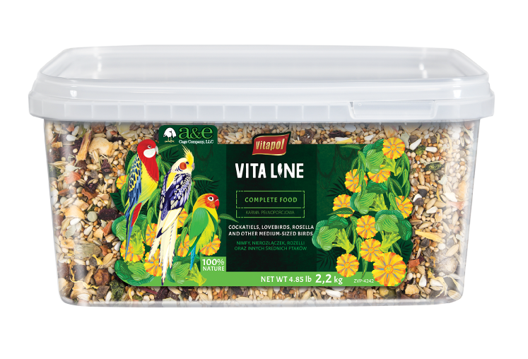 Vita Line bird food container with colorful birds on the label against a white background