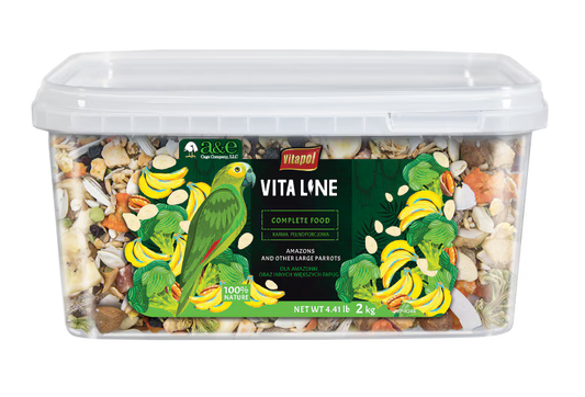 Vita Line bird food container with a parrot illustration on a white background