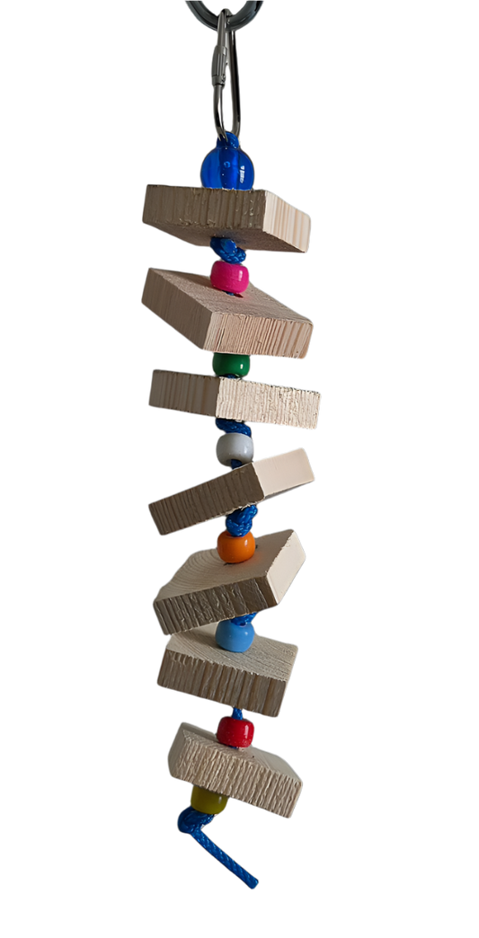 Colorful Wood Wobble bird toy with angled wooden chunks, vibrant beads, and a swinging blue rope for playful pecks.