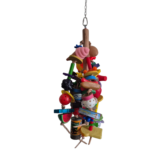 Vibrant bird toy with colorful beads and dangling charms, perfect for engaging and entertaining your feathered friend.