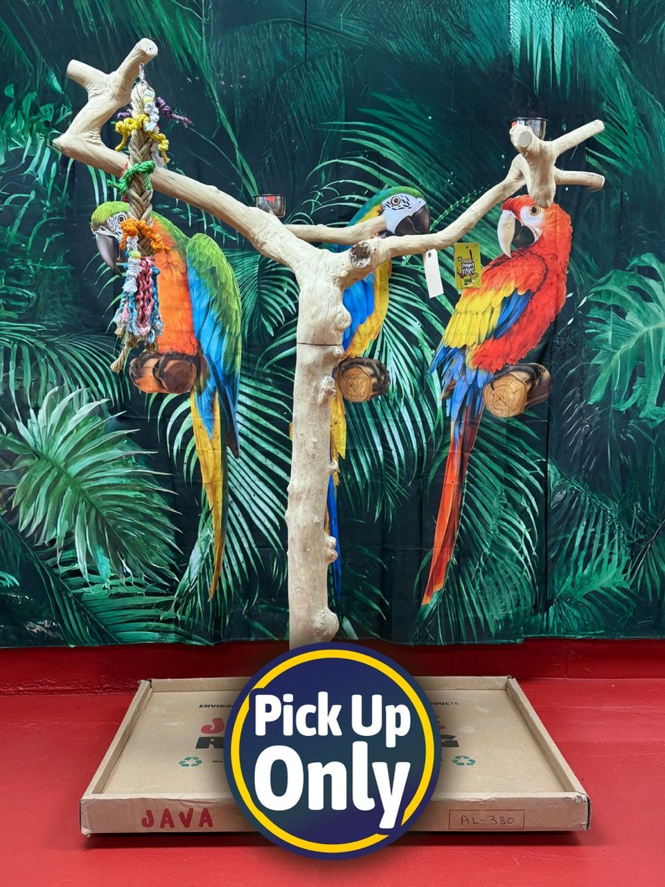 Natural Java Tree Bird Stand with anti-slip perch, toy hooks, and stainless steel bowls, ideal for medium to large birds.