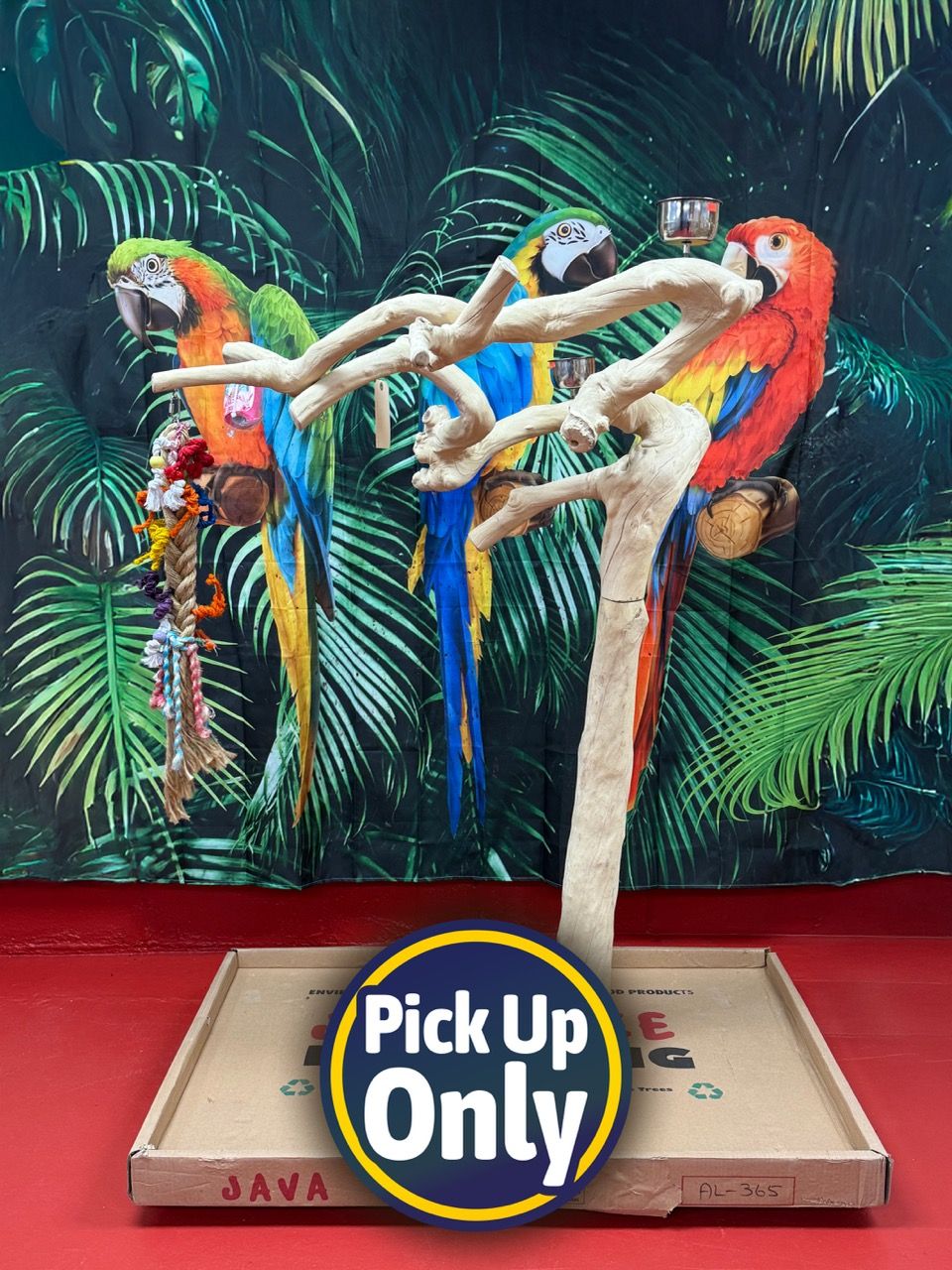 Natural Java Tree Bird Stand with anti-slip perch, toy hooks, and stainless steel bowls, ideal for medium to large birds.