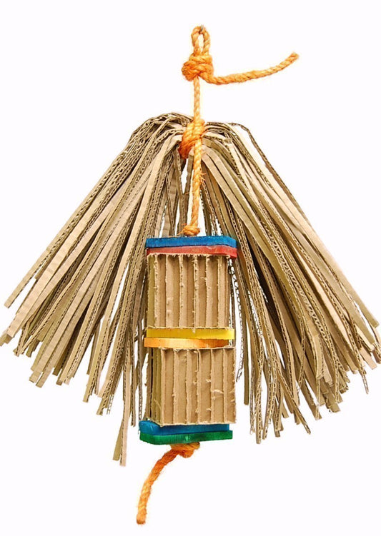 Colorful Pelluca-Zoo Max bird toy with paper shreds, accordion boxes, and wooden pieces for chewing and foraging fun.