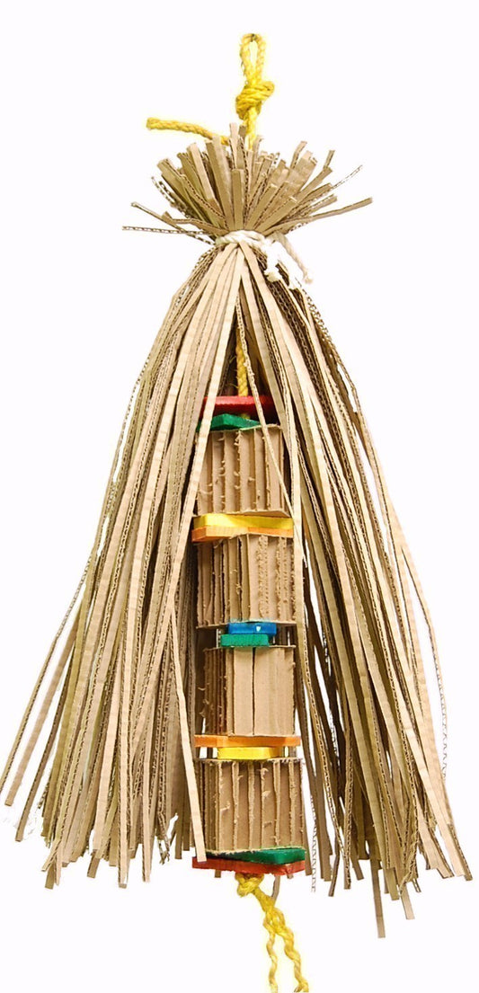Vibrant La Tenda-Zoo Max toy for large birds, featuring colorful wooden slats, shreddable paper strips, and sisal rope.