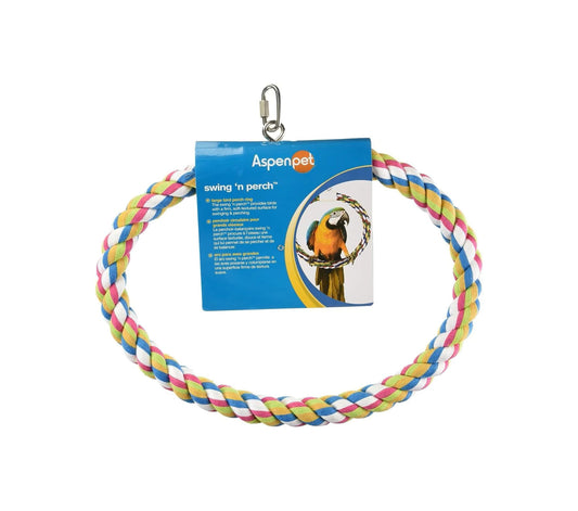 Colorful cotton Swing-N-Perch by JW Pet, shaped as an oval or circle, offering a comfy 13-inch swing for medium-sized birds.