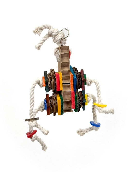 Colorful Gaspard Zoo Max bird toy with pine wood blocks, cardboard bits, and natural cotton rope for playful destruction.