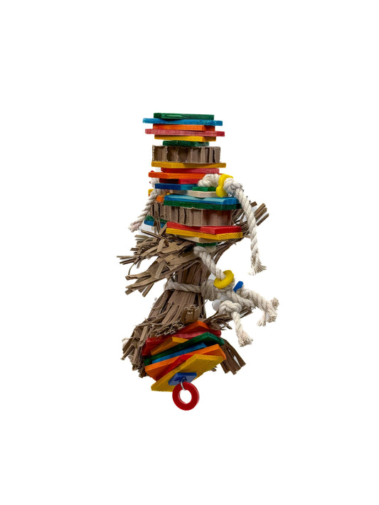 Vibrant Fiesta Zoo Max bird toy with colorful pine wood, cardboard bits, and natural cotton rope for chewing fun.