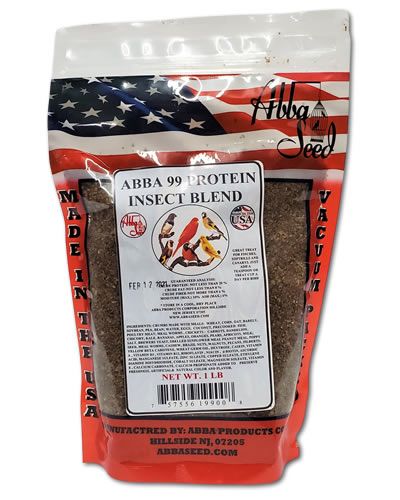 Colorful 5lb bag of ABBA Protein Insect Blend, ideal for finches, canaries, and softbills, packed with nutritious mealworms.