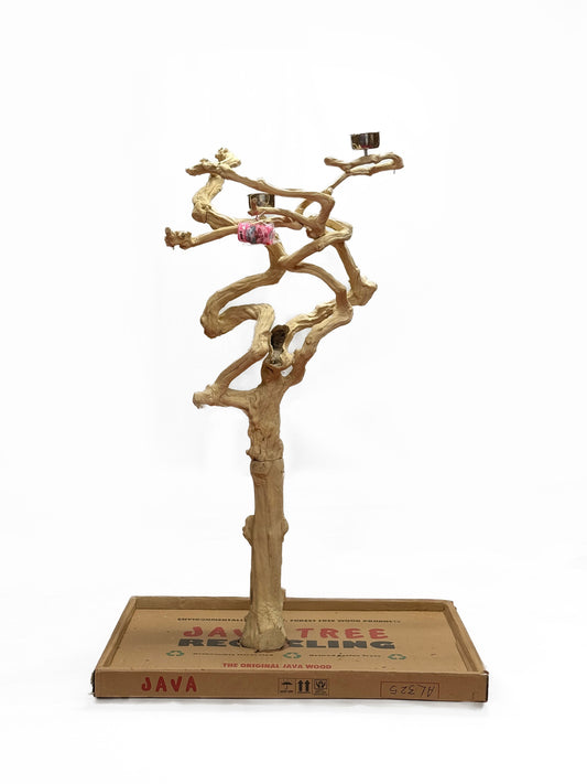 Natural Java Tree Bird Stand with anti-slip perch, toy hooks, and steel bowls, ideal for medium to large parrots.
