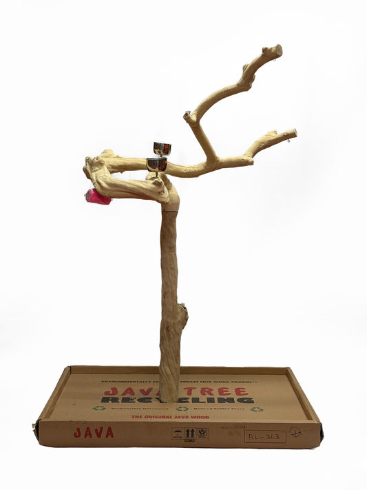 Natural Java Tree Bird Stand with anti-slip perch, toy hooks, and steel bowls, ideal for medium to large exotic parrots.