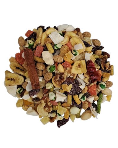 Vibrant mix of Grey/Eclectus Paradise Ultimate Blend with fortified pellets, nuts, dried fruits, and colorful veggies.