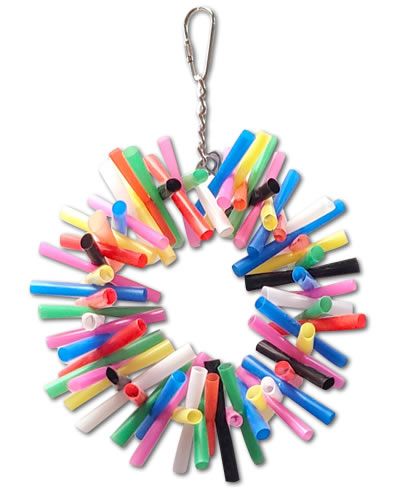 Vibrant neon-colored straws woven into a 6-inch wreath, perfect as a stimulating bird toy for Parrotlets and Cockatiels.