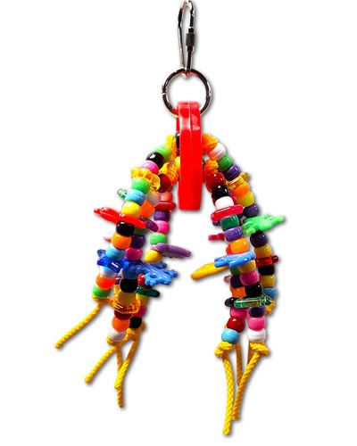 Vibrant bird toy with colorful plastic, dangling rope, and a shiny bell, perfect for small birds to play and explore.
