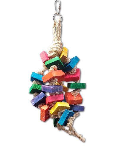 Vibrant bird toy with colorful wooden blocks knotted on natural sisal rope, perfect for medium-sized feathered friends.