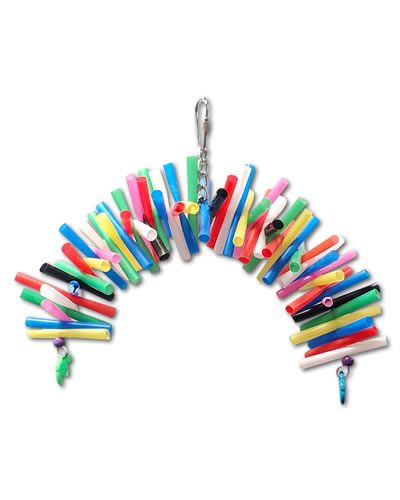 Vibrant neon straws woven on wire form a colorful 9-inch rainbow-shaped bird toy, perfect for small to medium birds.