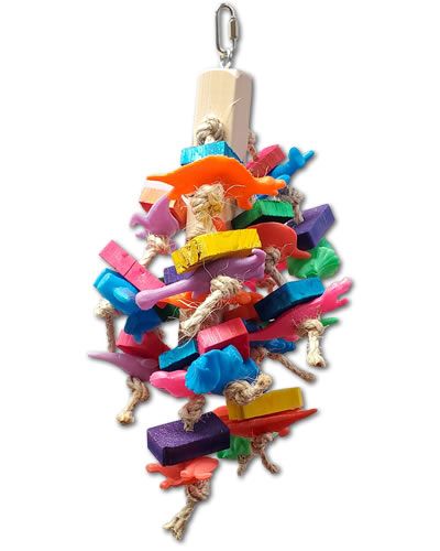 Vibrant Chunky Totem bird toy with colorful wood slats, plastic animal figures, and sisal rope, perfect for medium-sized parrots.