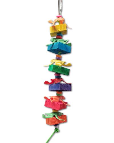 Colorful bird toy with plastic rings, vibrant wood slats, and cute plastic animals, all tied with durable polly rope.
