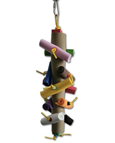 Colorful bird toy with rolled foam layers, vibrant plastic beads, and durable polly rope, perfect for conures and caiques.