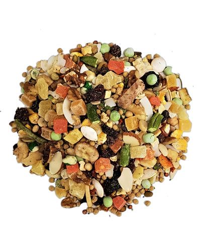 Vibrant mix of small bird food with tiny pellets, nuts, and colorful dried fruits and veggies for parrotlets to conures.