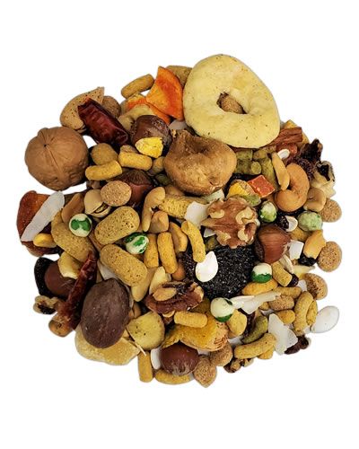 Vibrant mix of fortified pellets, nuts in shells, dried fruits, and veggies in the 5lb Cockatoo/Macaw Paradise Ultimate Blend for large birds.