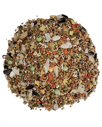 Vibrant mix of Bird Paradise Ultimate Blend III seed with colorful pellets, dried fruits, and nutritious seeds for small birds.