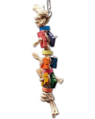 Vibrant bird toy with colorful sisal knots, wooden puzzle pieces, and birdie bagels, perfect for Cockatiels and Conures.