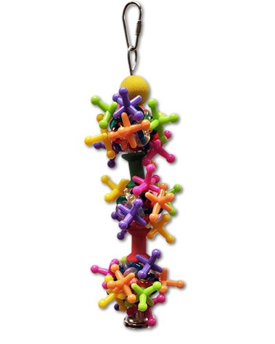 Colorful Jumpin Jax bird toy with bouncy balls, wooden spools, and removable jax, perfect for Conures and similar birds.