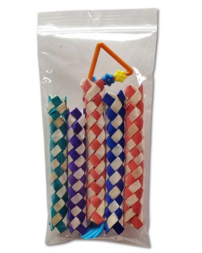 Vibrant Trap Stuffers bird toy by Happy Beaks, featuring 5 colorful traps and a backscratcher, perfect for shredding fun.