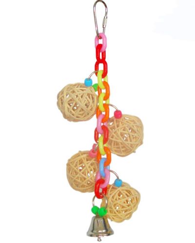 Vibrant bird toy featuring four natural vine balls linked on a chain with a playful bell, ideal for chewing and foraging.