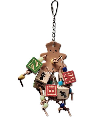 Charming Leather Bear toy by Happy Beaks, featuring colorful ABC blocks, perfect for playful learning and engagement.