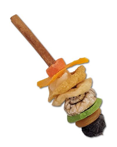 Vibrant dried fruit and cinnamon skewer featuring colorful apricots, papaya, and mango, perfect for medium-sized birds.