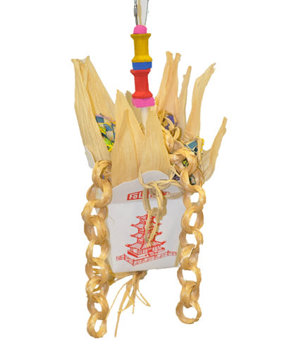 Vibrant Taky Outee Happy Beaks toy with a Chinese takeout box design, packed with colorful shredded paper, corn husks, and wooden blocks for birds to chew and explore.