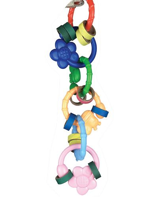 Colorful Happy Beaks Floweringz bird toy with mini bagel rings and plastic links, perfect for small to medium birds.