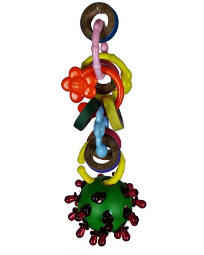 Colorful Deep Sea Charged Mine bird toy with fatty bagels, plastic rings, a ball stuffed with crinkle paper, and pacifiers for foraging fun.