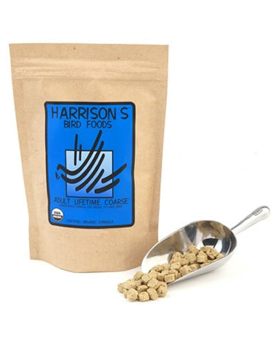 Crunchy, organic Harrison's Adult Lifetime Coarse bird food, ideal for African Greys and Macaws, in a 5lb pack.