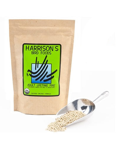 Close-up of Harrison's Adult Lifetime Fine 5lb bag, showcasing small, organic bird food pellets for smaller companion birds.