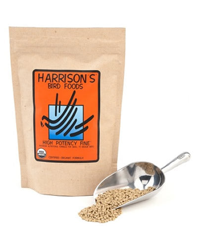 Harrison's High Potency Fine 5lb bag of bird food, packed with organic, nutty-flavored pellets for small birds' health.